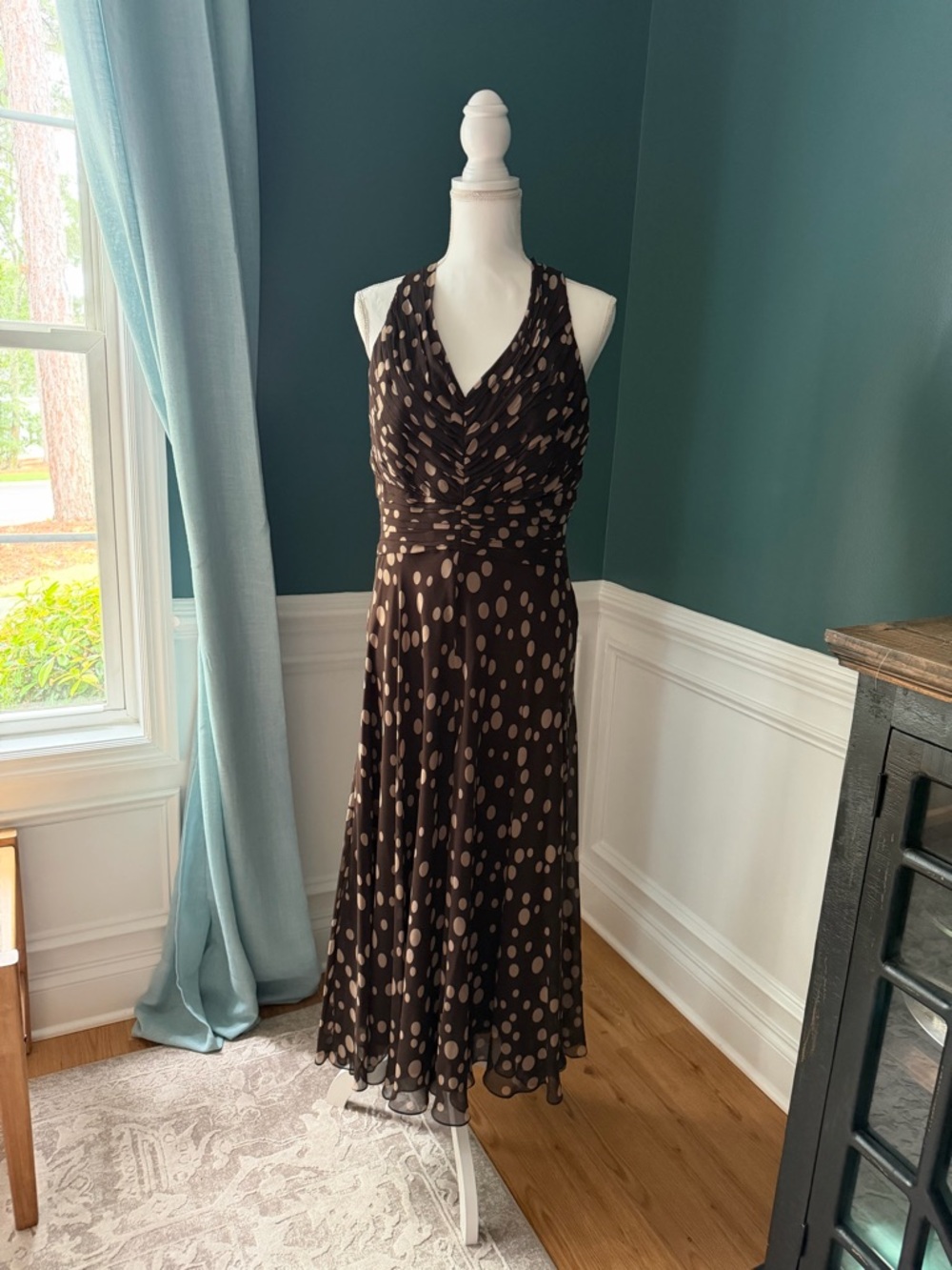 Jones New York Brown Maxi Dress with Beige Polka Dots